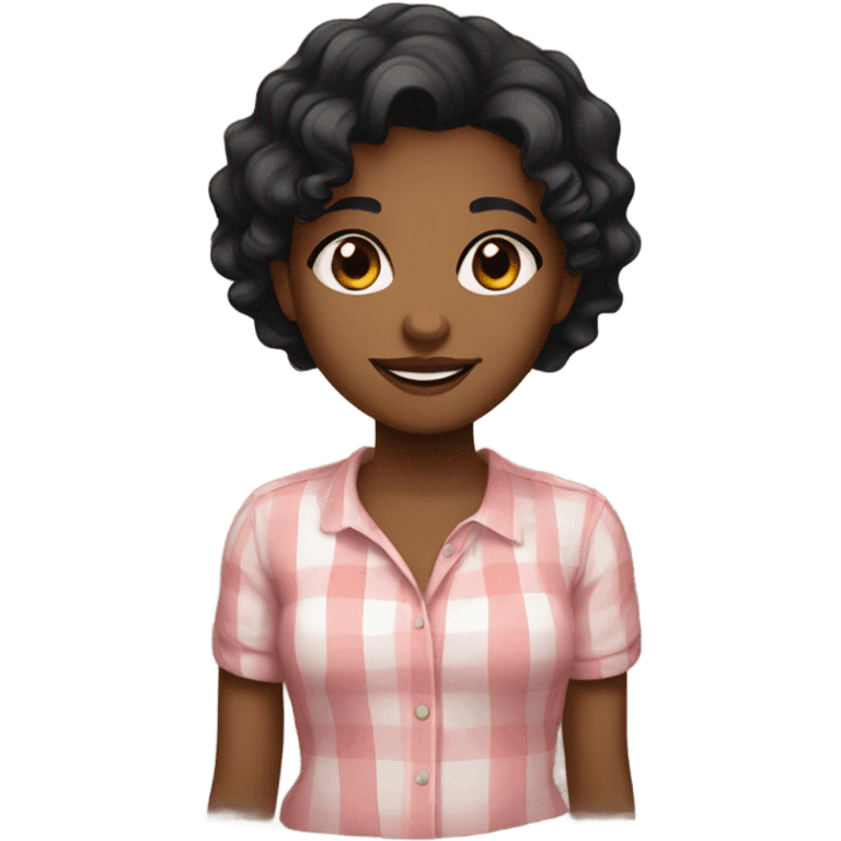 Brown girl with short black wavy hair, dark brown eyes, soft smile. Cute shirt emoji