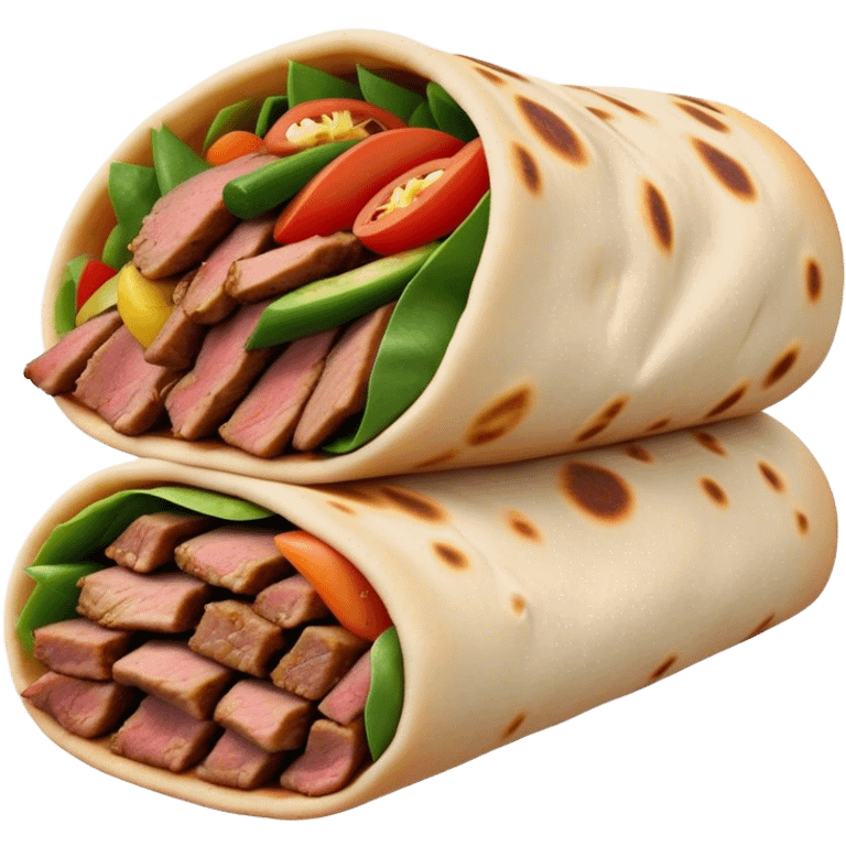 Cinematic Realistic Shawarma Dish Emoji, showcasing spiced, succulent meat wrapped in flatbread with fresh vegetables rendered with lifelike detail and dynamic, appetizing lighting. emoji