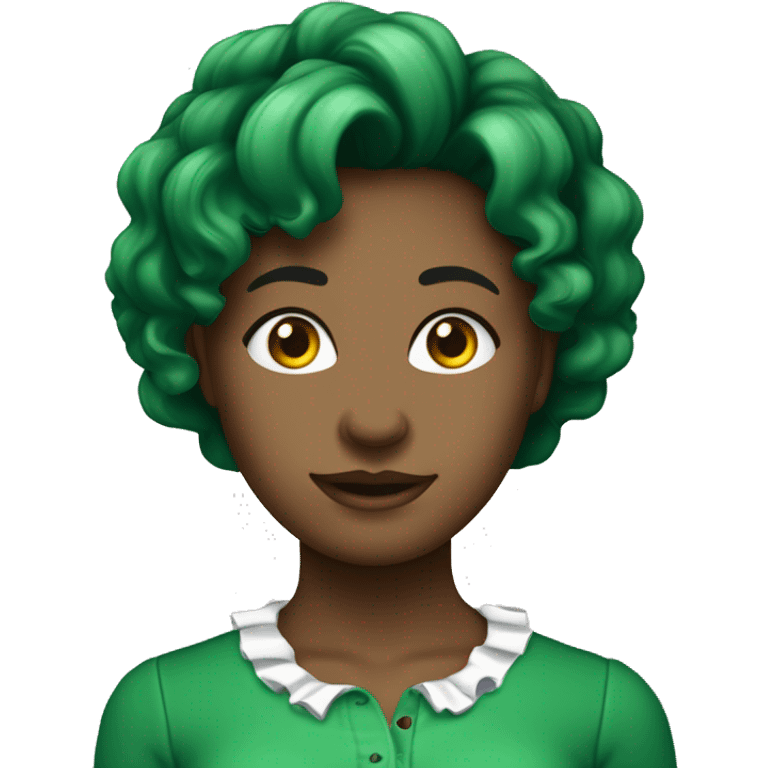 Imagem mostra mulher com blusa verde e babados, cabelo ondulado e colar. Fundo externo com vegetação e móveis brancos.

 emoji