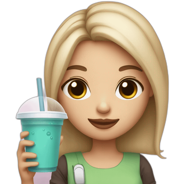 a girl holding an ipad and bubble tea emoji