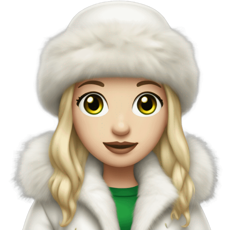 Realistic White girl with Long straight blonde hair, green eyes, tattoos, full body wearing white fur coat and fur hat emoji