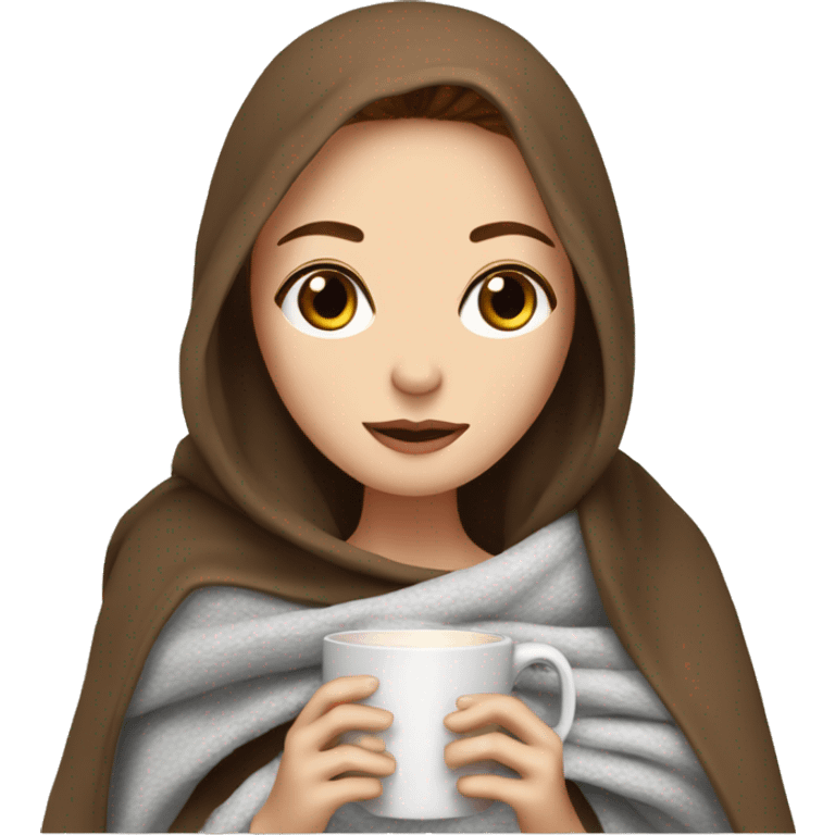 white girl with brown hair  inside a blanket sipping coffee eyes closed emoji