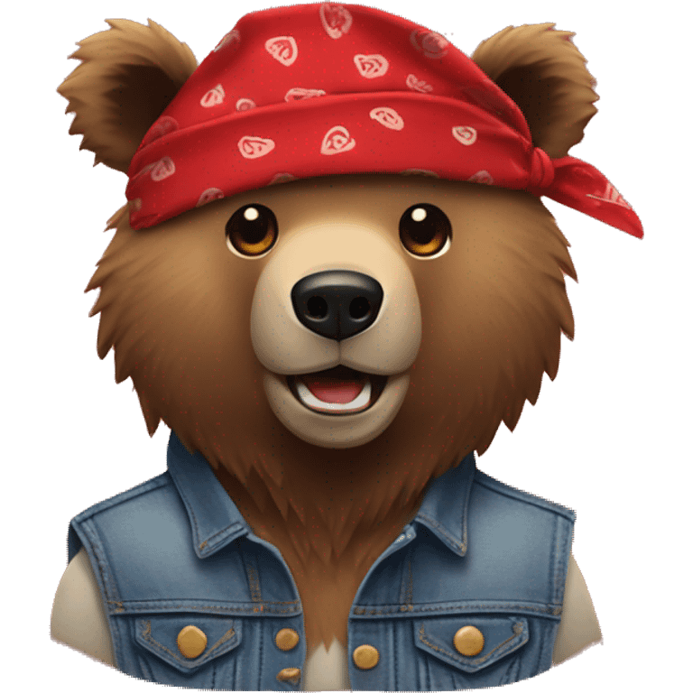 grizzly bear wearing sleeveless jean jacket and red bandana around head with open mouth emoji