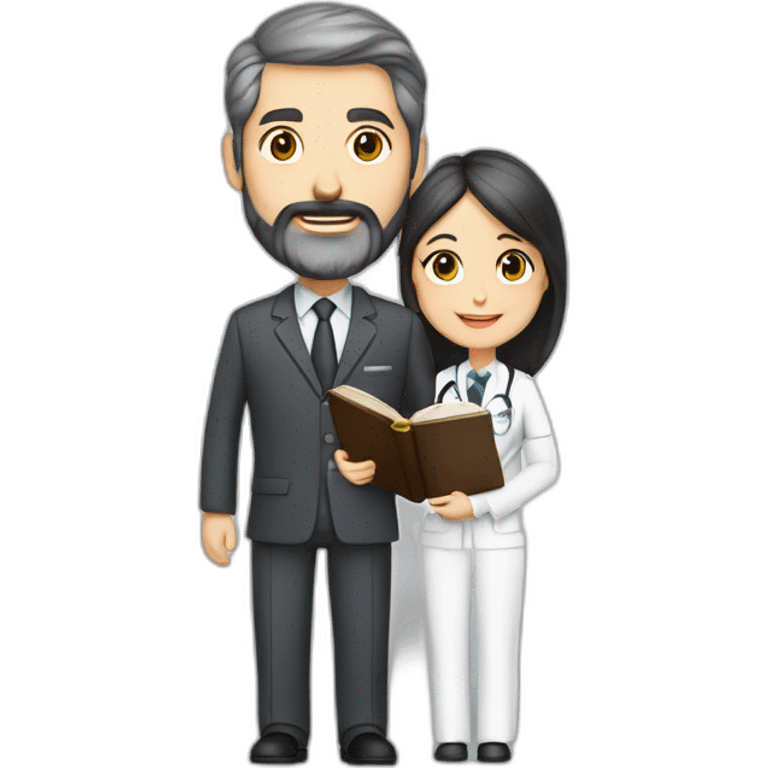 husband classy caucasian dark gray hair trimmed beard wearing business suit holding bible, wife asian age 55 dark hair nurse uniform, no children emoji