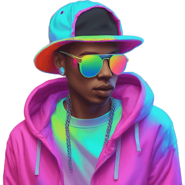 Multicoloured neon Vaporwave person smoking wearing hoodie dancing hip hop bucket hat tropical Skater fashion aesthetic baggy clothes graphic t shirt 420 emoji