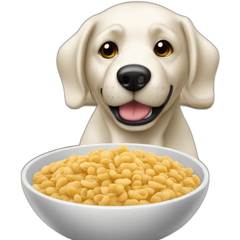 Perro comiendo cereal con la pata emoji