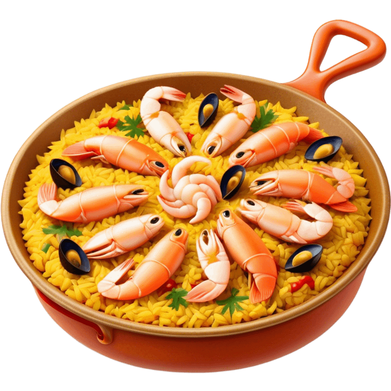 Cinematic Realistic Paella Dish Emoji, depicted as a vibrant, aromatic rice dish loaded with seafood, chicken, and saffron rendered with rich textures and dynamic, warm lighting. emoji