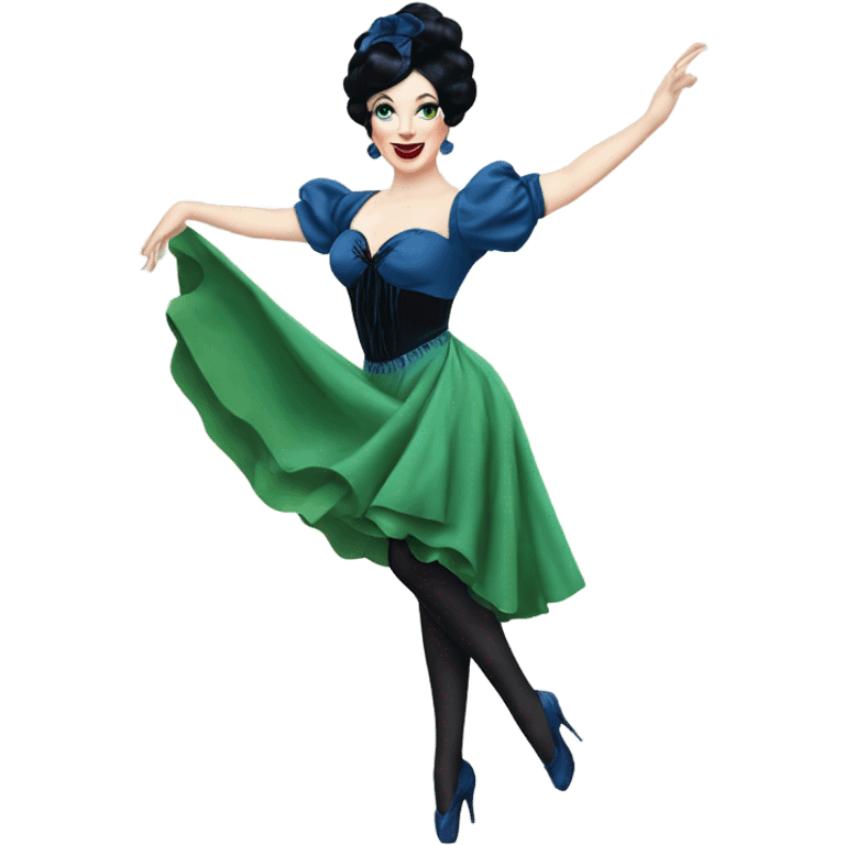 Burlesque dancer wearing blue with black hair, pale skin, and green eyes in a dark blue vintage costume dancing emoji