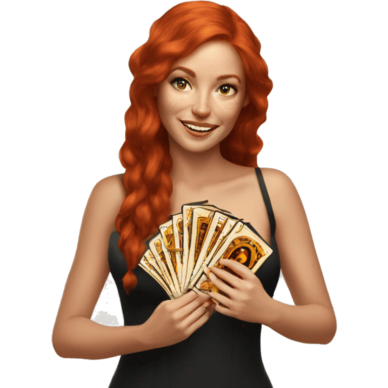 red hair beautiful girl with brown tarot gold cards emoji