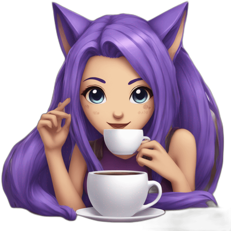 Purple haired anime fox girl with one eye blue and the other purple, drinking coffe emoji