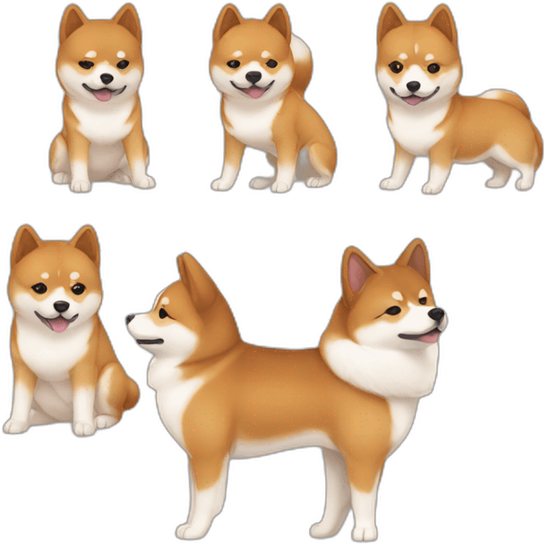 A cute Shiba, a tall white Hokkaido and their mistress, a woman with curly auburn hair emoji