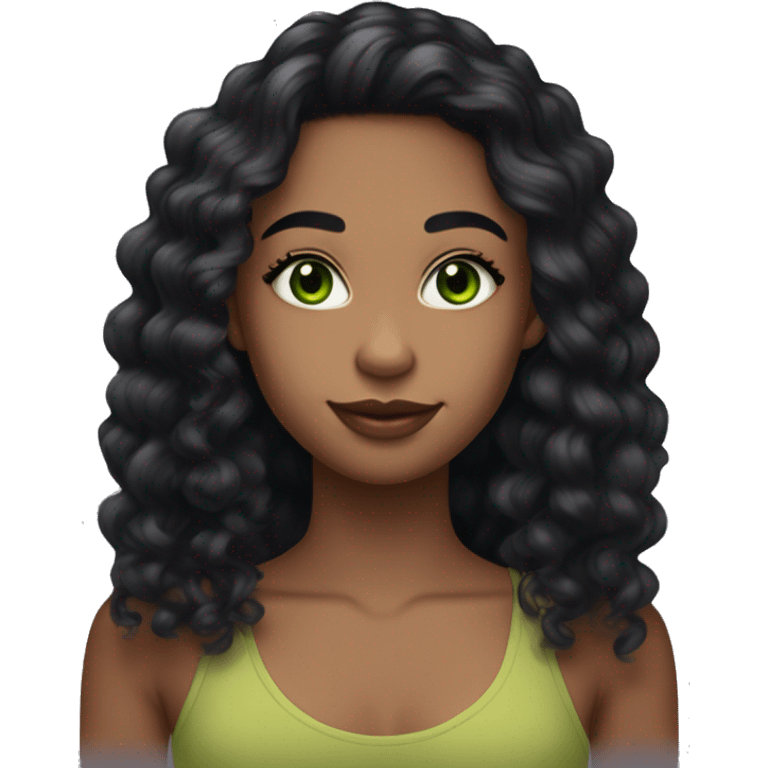 long curly black hair, full body head to toe, eyes with a hint of green, eyes positive  canthal tilt ,medium thick eyebrows , and thin lips, round face shape, soft jawline, full body, teen, sensual, american, woman, well defined feminine body emoji