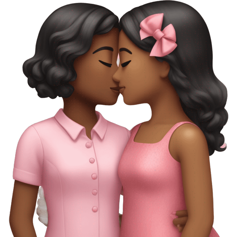 Two girls kissing one girl is Indian skinned and is wearing a pink dress she has black hair and a pink bow the other girl is white and has brown hair with a pink bow and she wears a pink dress emoji