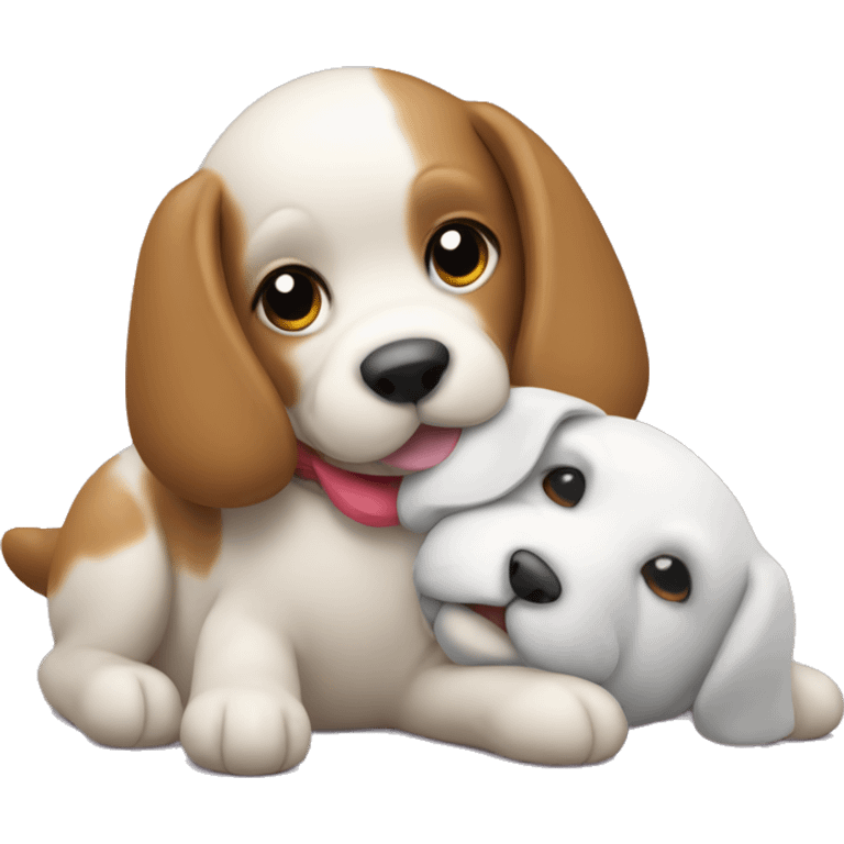 Dog cuddles with toy emoji