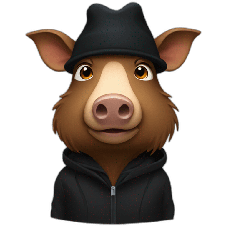 Really sad brown boar in a black winter hat and black jacket emoji