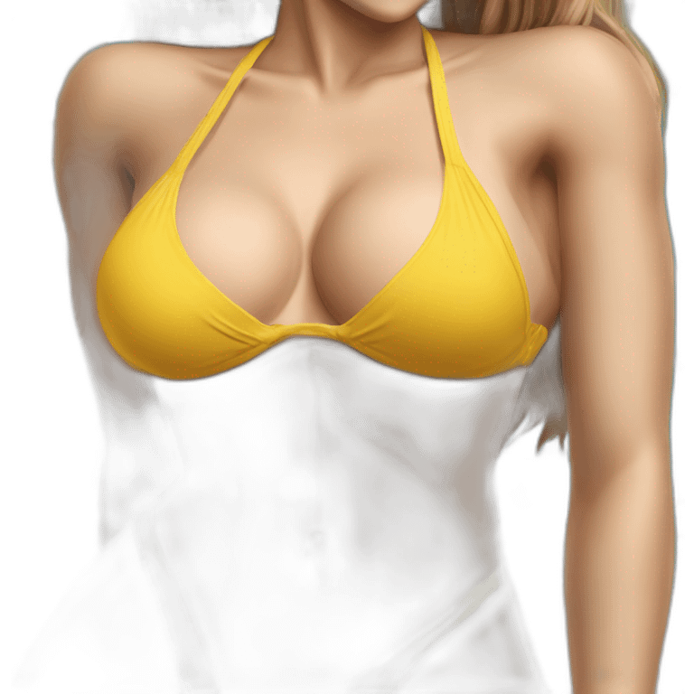 Sexy pose soft-fit Caucasian woman yellow bikini (beach body) bed realistic emoji