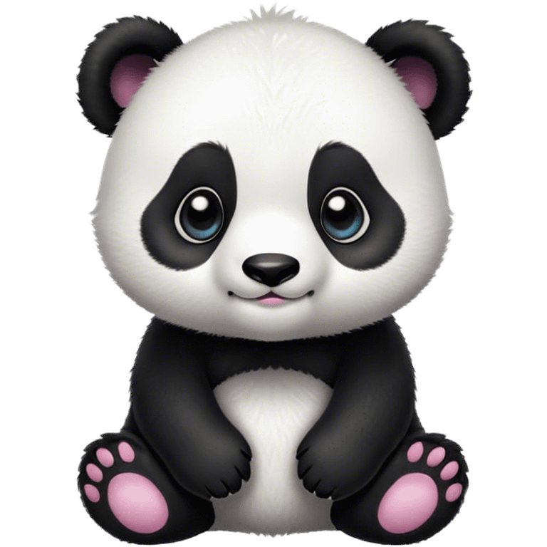 Cinematic Cute Baby Panda Portrait Emoji, Head tilted playfully and inquisitively, featuring an irresistibly fluffy, black and white Fur with an extra dose of cuddliness, round, sparkling eyes filled with boundless curiosity, Simplified yet adorably endearing features, highly detailed, glowing with a warm, friendly glow, high shine, affectionate and playful, stylized with a touch of playful charm, bright and heartwarming, soft glowing outline, capturing the essence of a mischievous yet loving baby panda, so playful it feels like it could tumble out of the screen into your arms! emoji