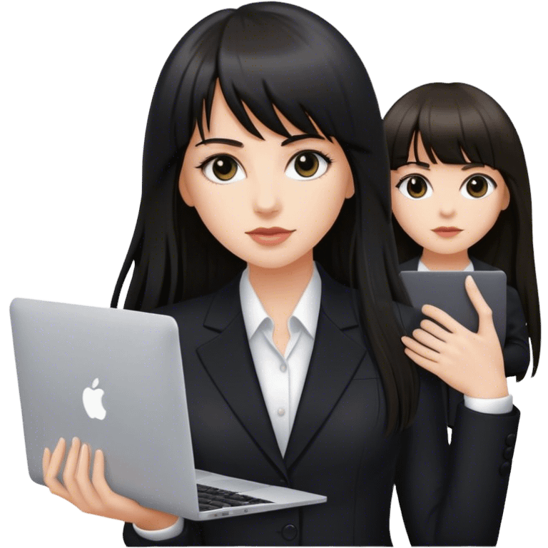 Beautiful white girl, with dark very long hair with bang, wearing black suit with MacBook  emoji