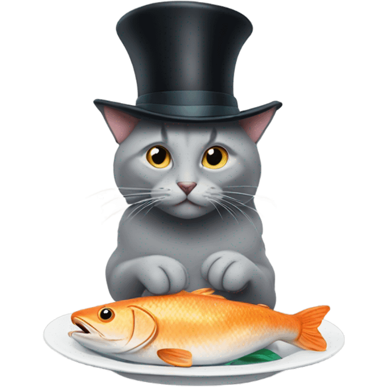 Gray cat eating a fish with a top hat emoji