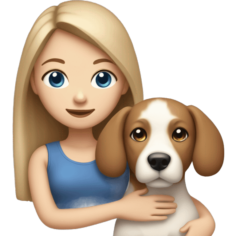 A girl with white skin, light brown hair and blue eyes holding her dog, a small Maltaneese emoji