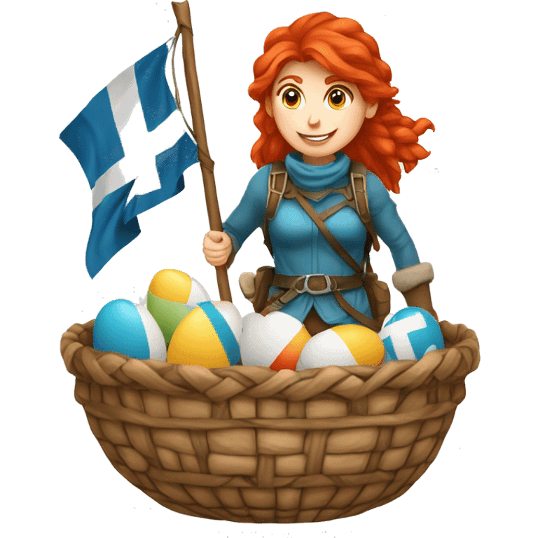 red hair female winter mountaineer climbing with Easter eggsbasket and Greek flag emoji