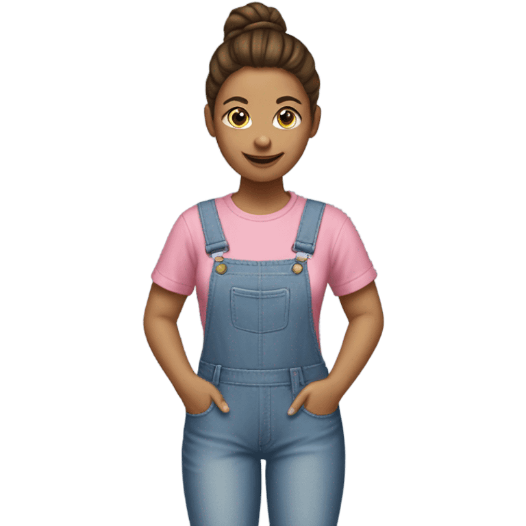 A white woman with brown hair in pony tail wearing white headband, pink t shirt and overalls  emoji