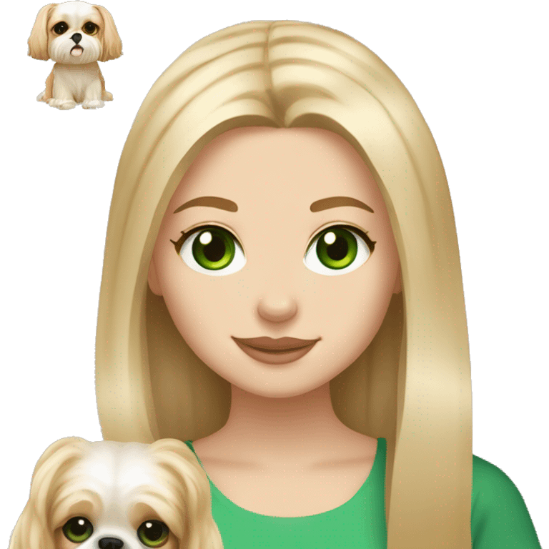 Girl with long blonde hair, freckles on her cheeks, and bright green eyes holding an all beige shih tzu dog  emoji