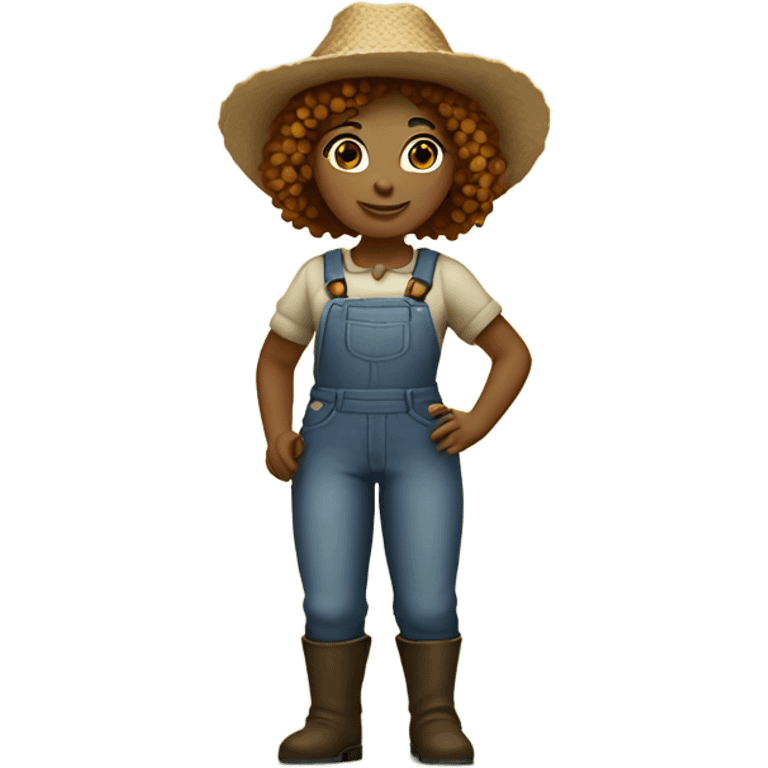 full body farmer girl standing, LIGHT skin, brown curly hair, holding carrots. light skin emoji