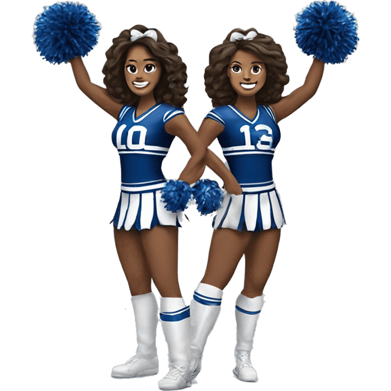 2 DCC dallas cowboy cheerleaders side by side holding pom poms, their arms are at their hips and one of their legs is extended out emoji