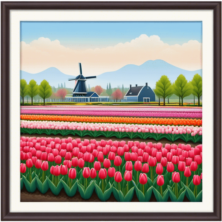 Cinematic Realistic Keukenhof Gardens Landmark Emoji, showcasing expansive tulip fields rendered with crisp, lifelike detail and radiant lighting. emoji