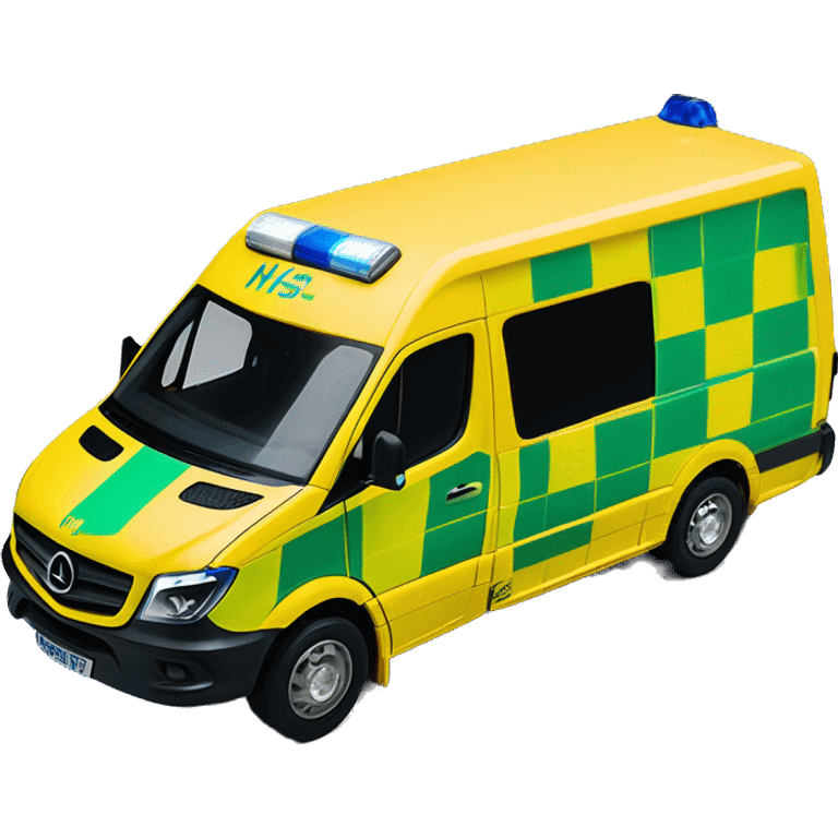 NHS Mercedez sprinter ambulance, yellow body, with green and yellow checkerboard print along the bottom. NHS logo on the side. Blue flashing light strip along top emoji