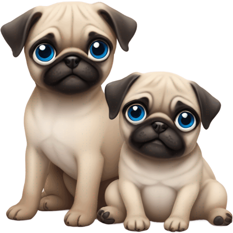 Baby pug with big blue eyes hugging a baby pug with pink eyes  emoji