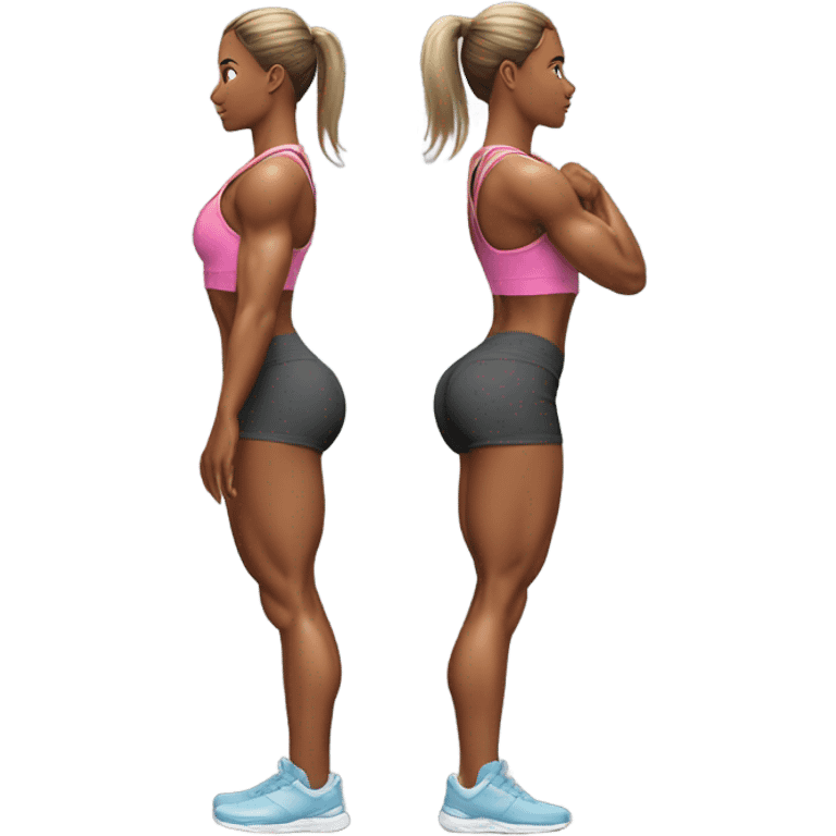 fitness model low squat pose direct back view hyperealistic with very developed and spread out glute muscles emoji