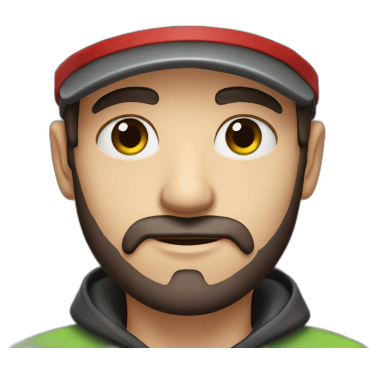 Man, thin face, dark brown beard, 10cm long, up to his nose, protruding ears, green eyes, wearing black and red cap. emoji