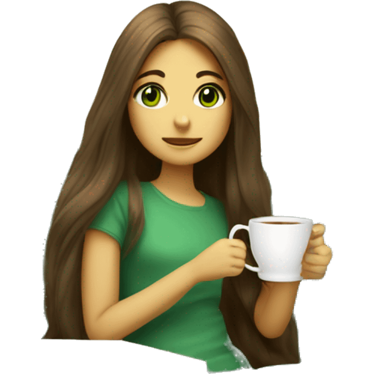 Girl with long brun hair green eyes drink tea and seat in sofa with pled  emoji