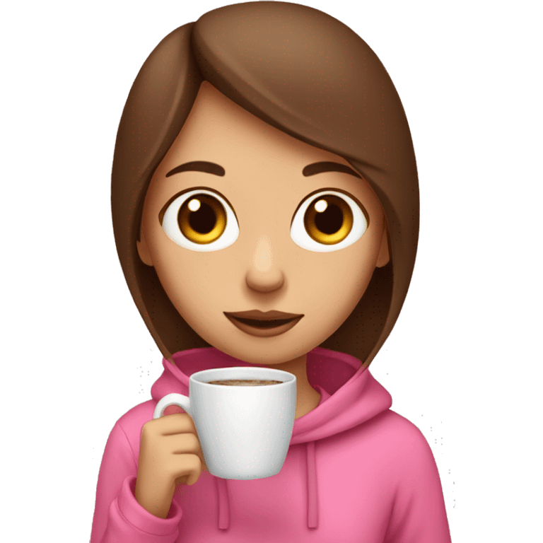 Cute brown haired girl with a pink hoodie, drinking coffee emoji