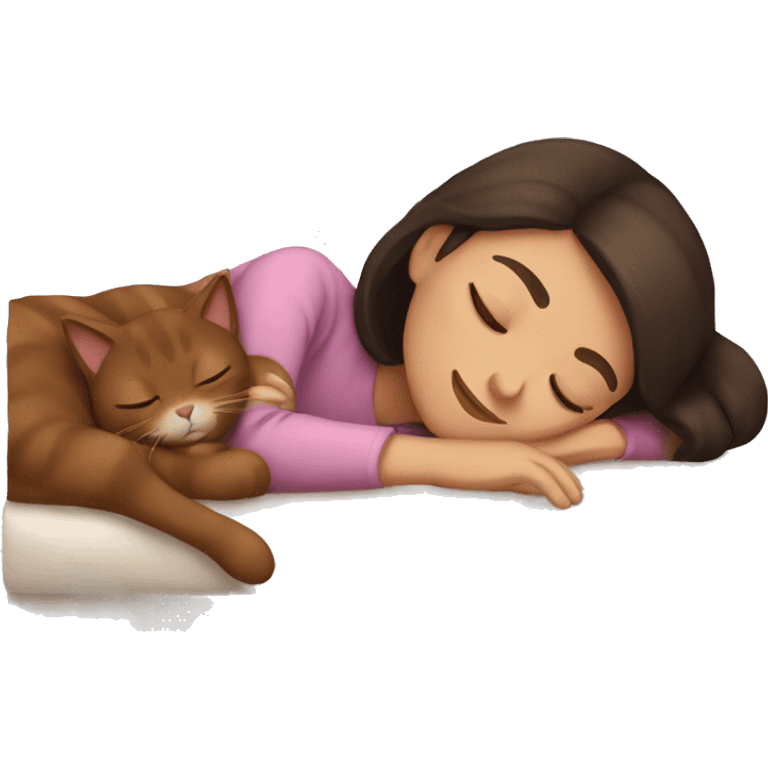 brunette girl sleeping with brown cat emoji