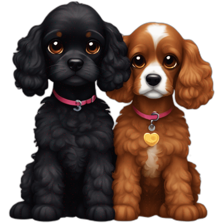 blenheim cavalier king charles spaniel and black poodle cuddle each other  emoji