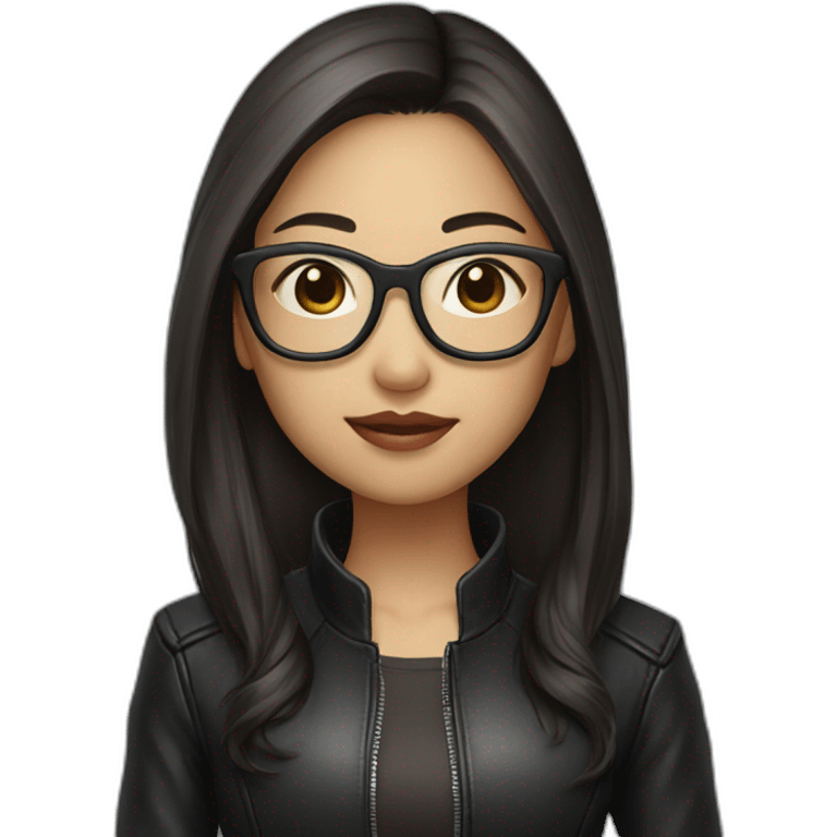 Asian girl in glasses and leather jacket whith dark long hair emoji