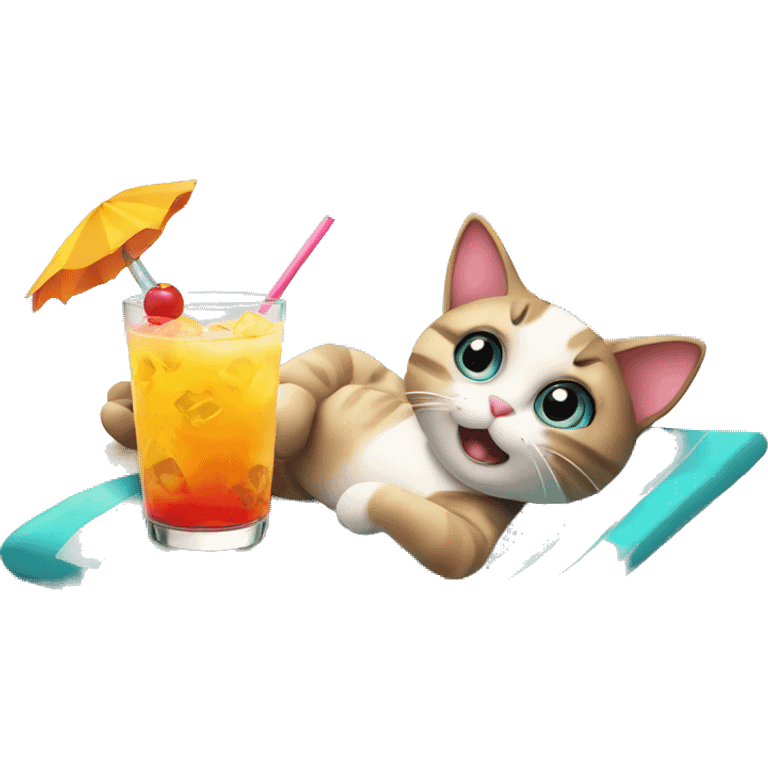 A cat is relaxing on the beach with a cocktail emoji