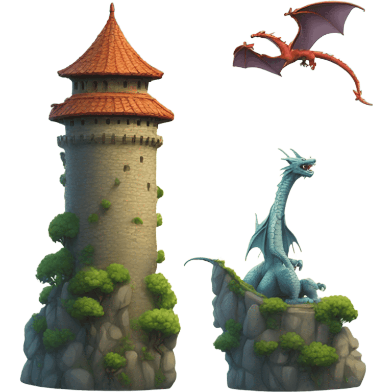 Two of the same tower and a small dragon flying  emoji