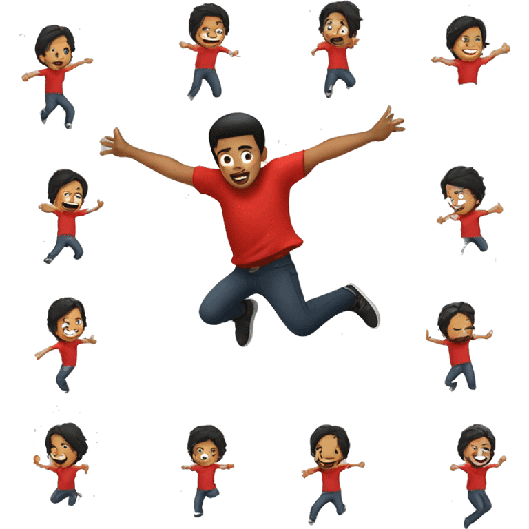 white guy with black hair doing star jump in red tee emoji