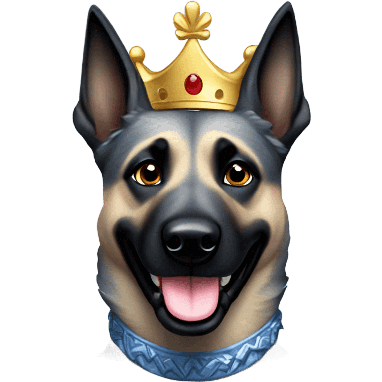 A smiling malinois dark blue merle color, without red and white color with a crown on his head emoji