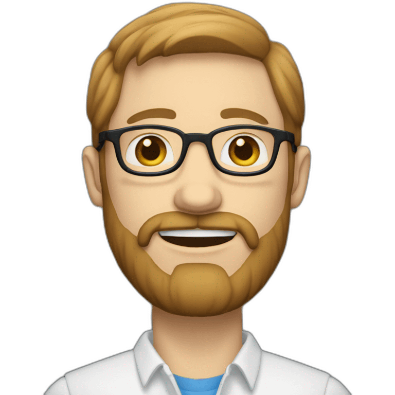 man with short light brown hair, beard and mustache and glasses, blue eyes with hand like emoji