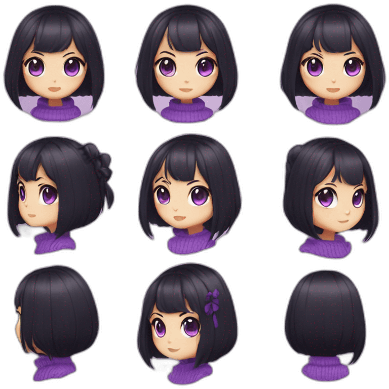 neko girl with heart black hair side swept bangs with shaved sides and back of head with purple eyes wearing a purple sweater emoji