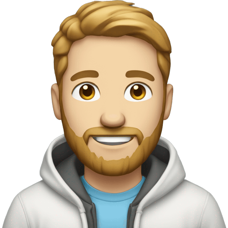 Product manager who is also a hacker. He has light brown hair, light blue eyes, a big white smile, a short beard. He has a hoodie. emoji