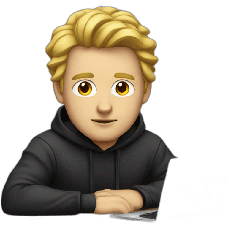 a serious-looking white man, wearing a black hoodie, behind a laptop emoji