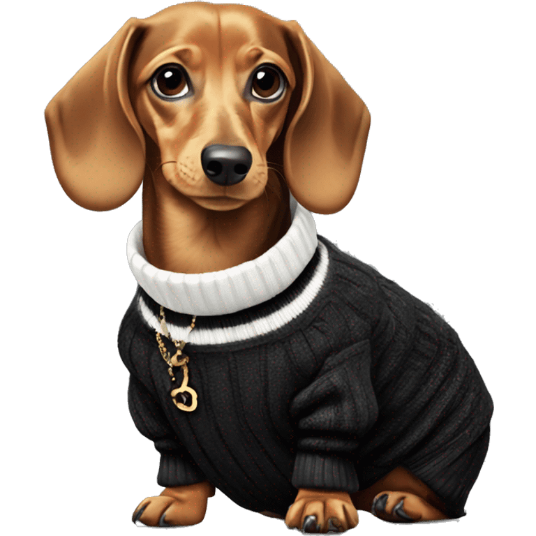 Dachshund wearing black and white Sweater with chanel logo  emoji