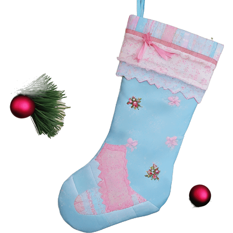 Coquette/cottage style Christmas stocking with pastel blue and pink patchwork mini floral patterns and a pink bow emoji