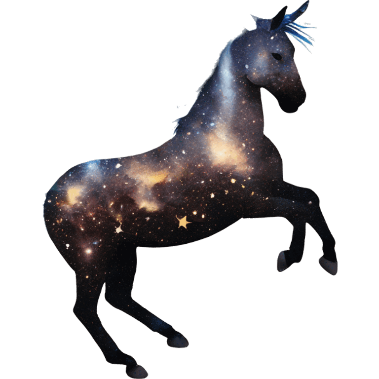 Ethereal zebra newspaper cutting flowers graffiti magazine collage glittering iridescent rich chestnut brown blue mane horse galloping through constellations and nebulas, unicorn Pegasus emoji